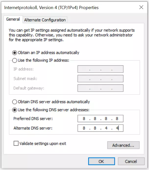 Windows 10: IPv4 properties