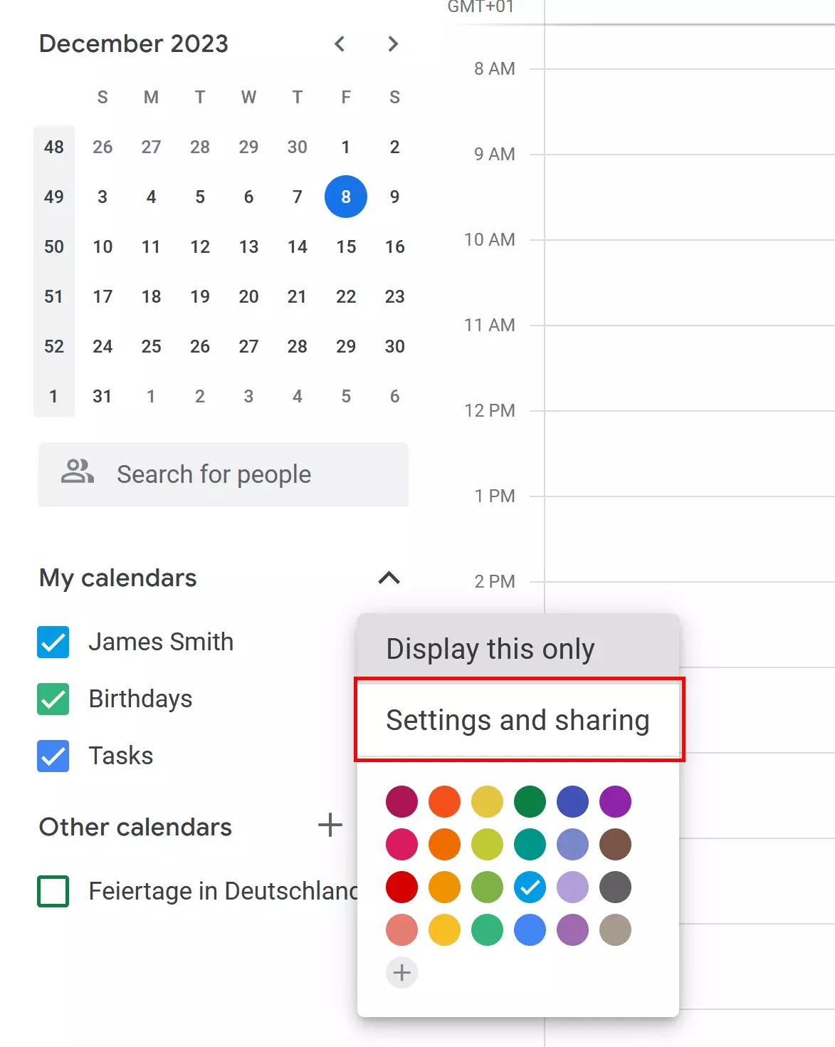 Google Calendar: Settings and Sharing menu