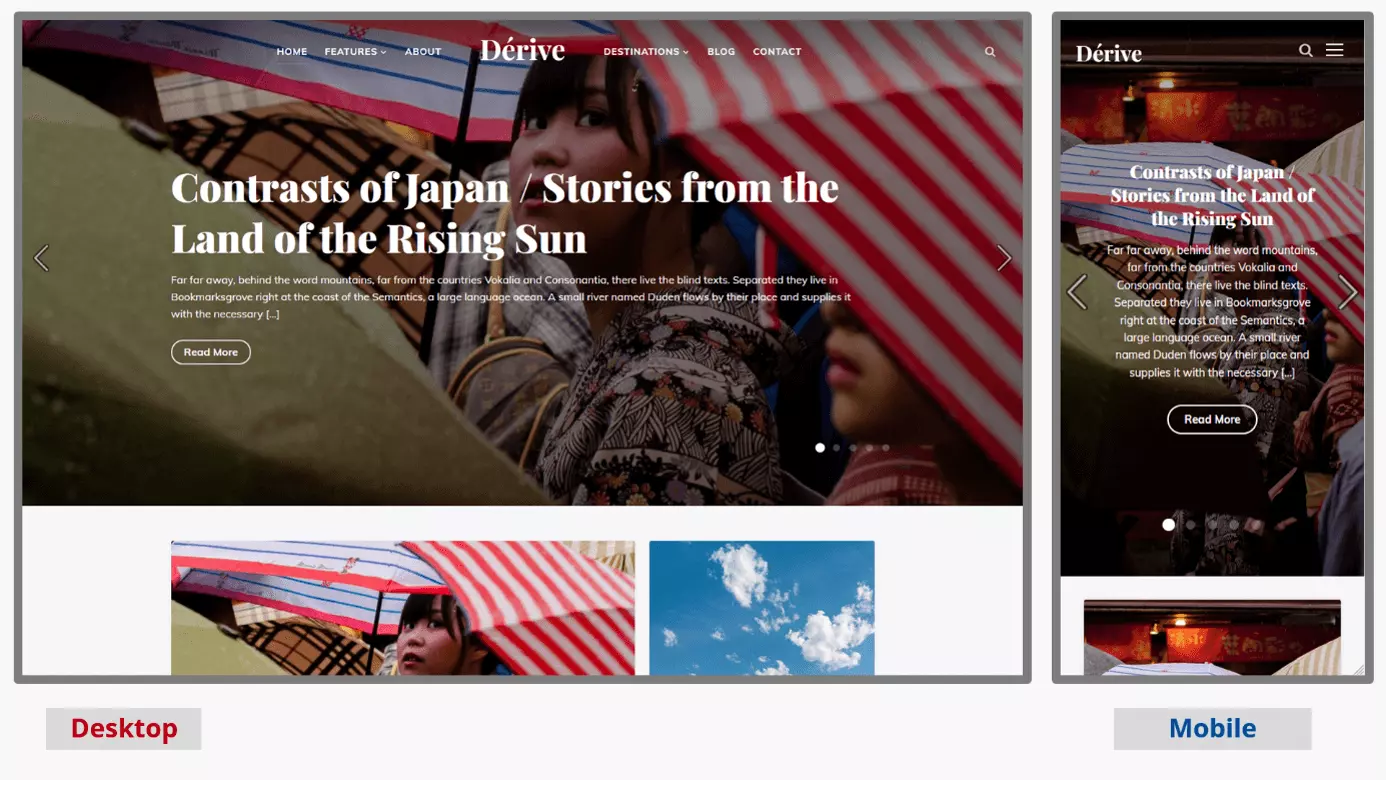 Mobile and desktop screenshots of the WordPress blog theme Dérive