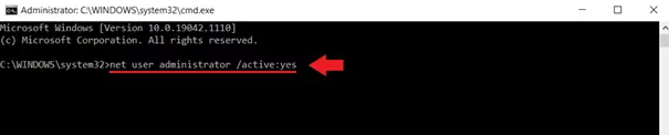 Enable the administrator account by typing “net user administrator /active:yes” and pressing Enter