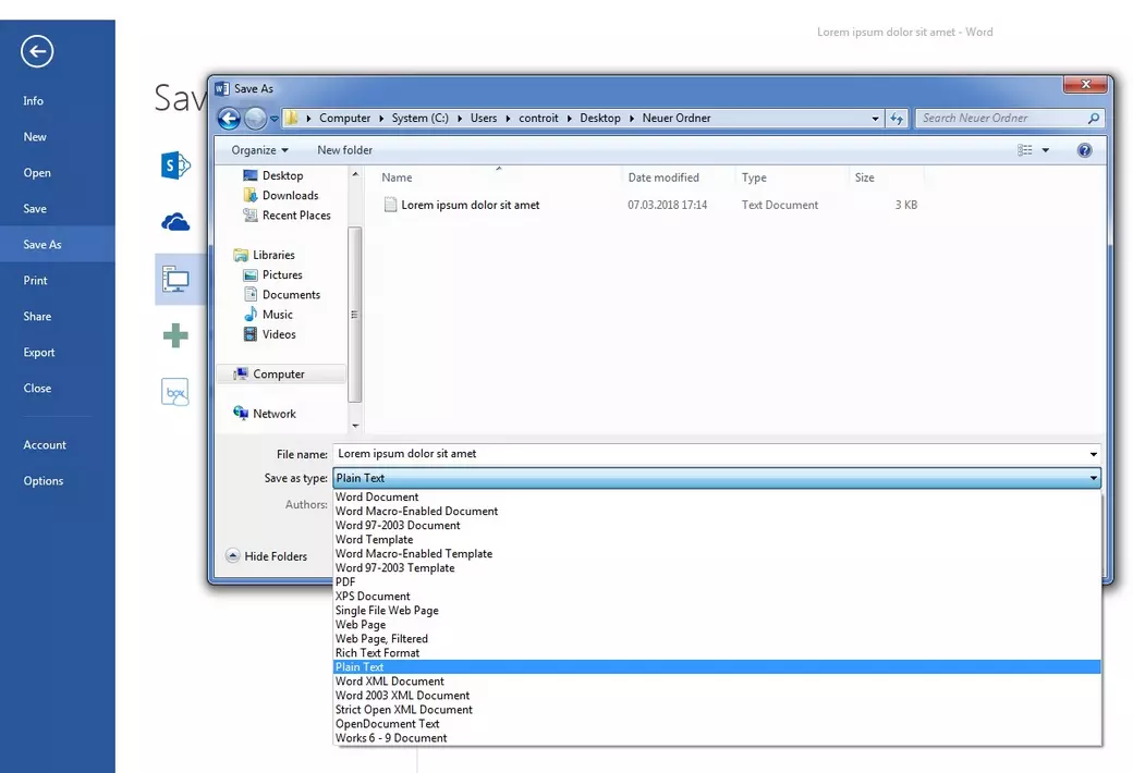 Window for saving a Word document as a .txt file