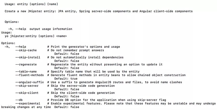 Output of the help command for the entity sub-generator in the macOS terminal.