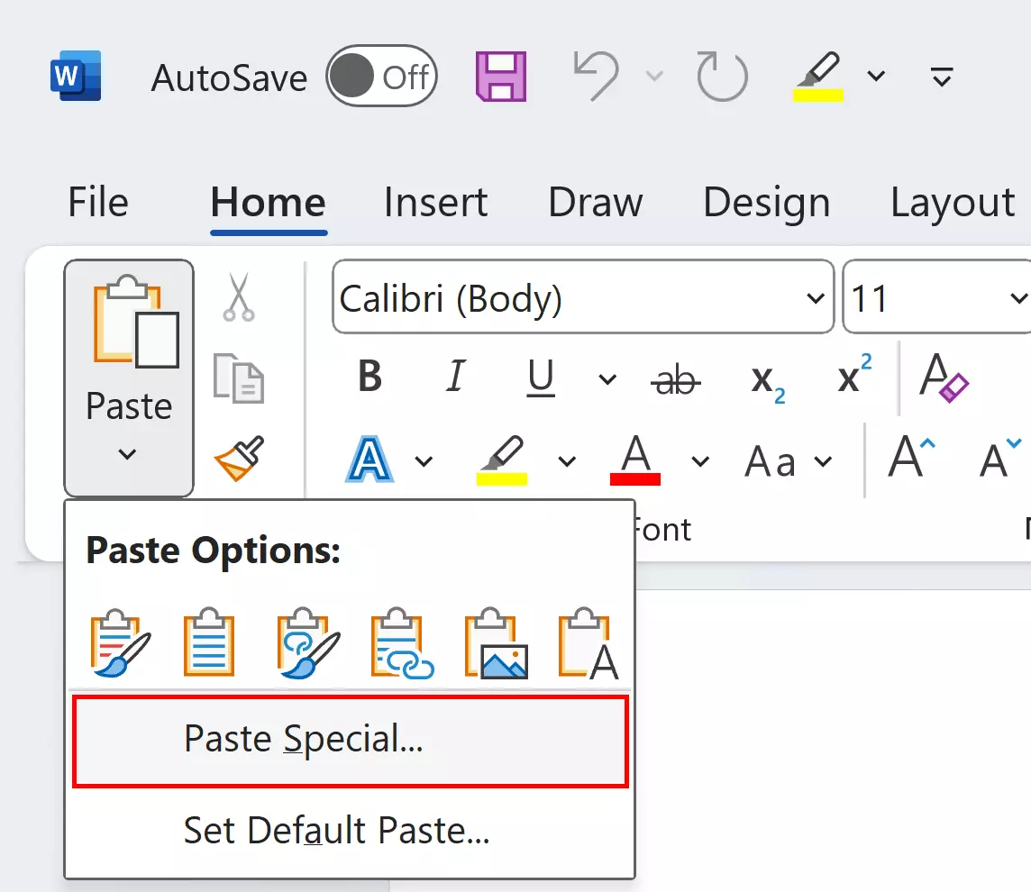 “Paste Special…” menu option in Word