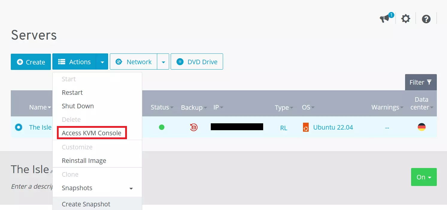 Access the KVM Console in the IONOS Cloud Panel