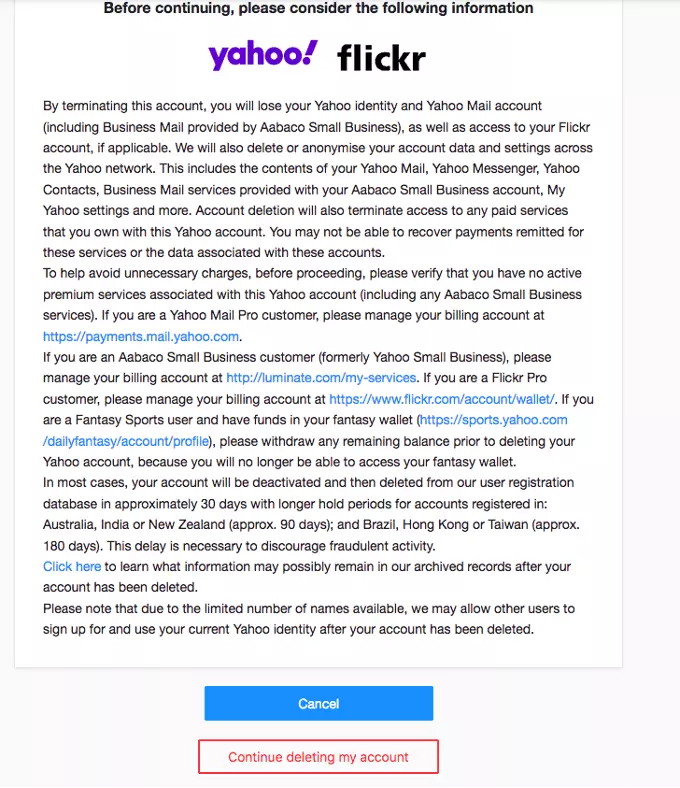 Message about Yahoo account termination