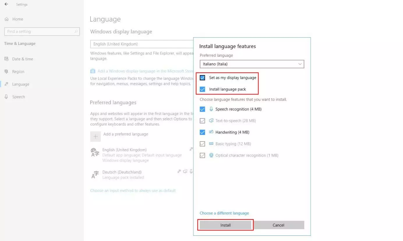 Install language features in Windows 10