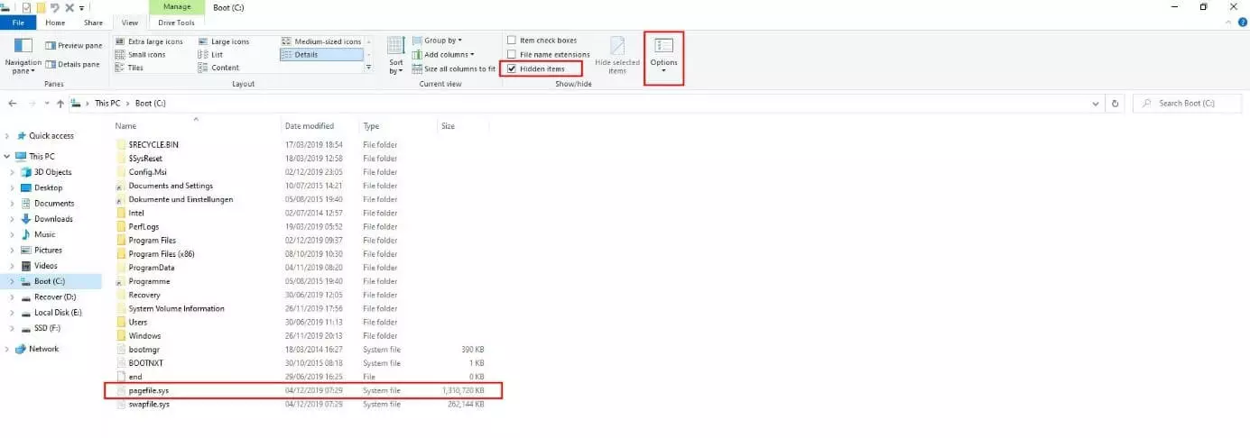 pagefile.sys in Windows 10 File Explorer
