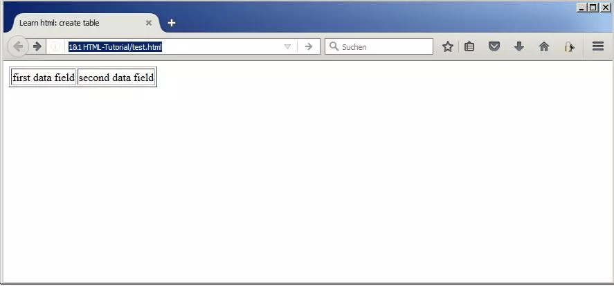 Browser view of the simple HTML table with one line and two columns