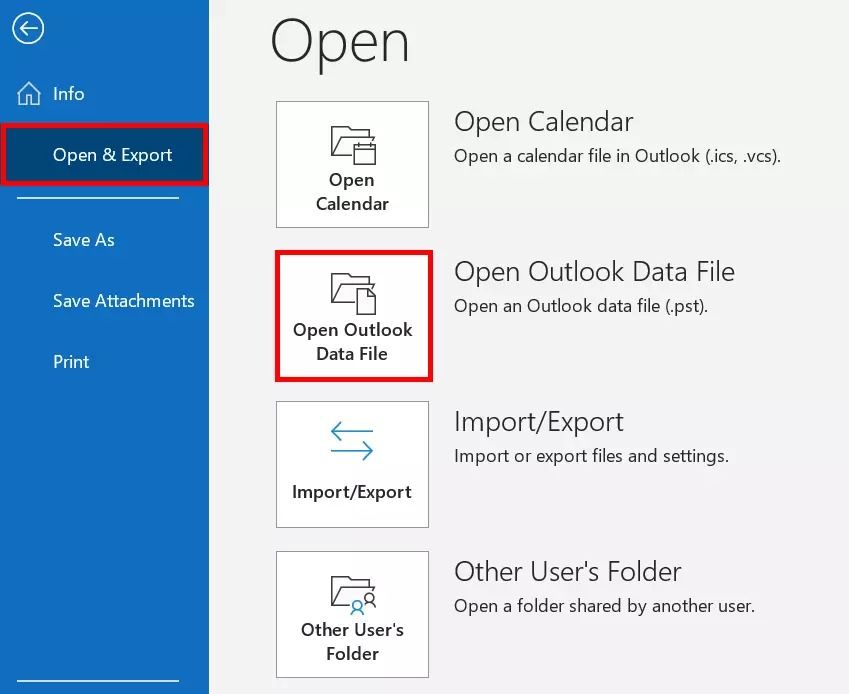 “Open Outlook Data File” in Outlook menu “File” > “Open & Export”