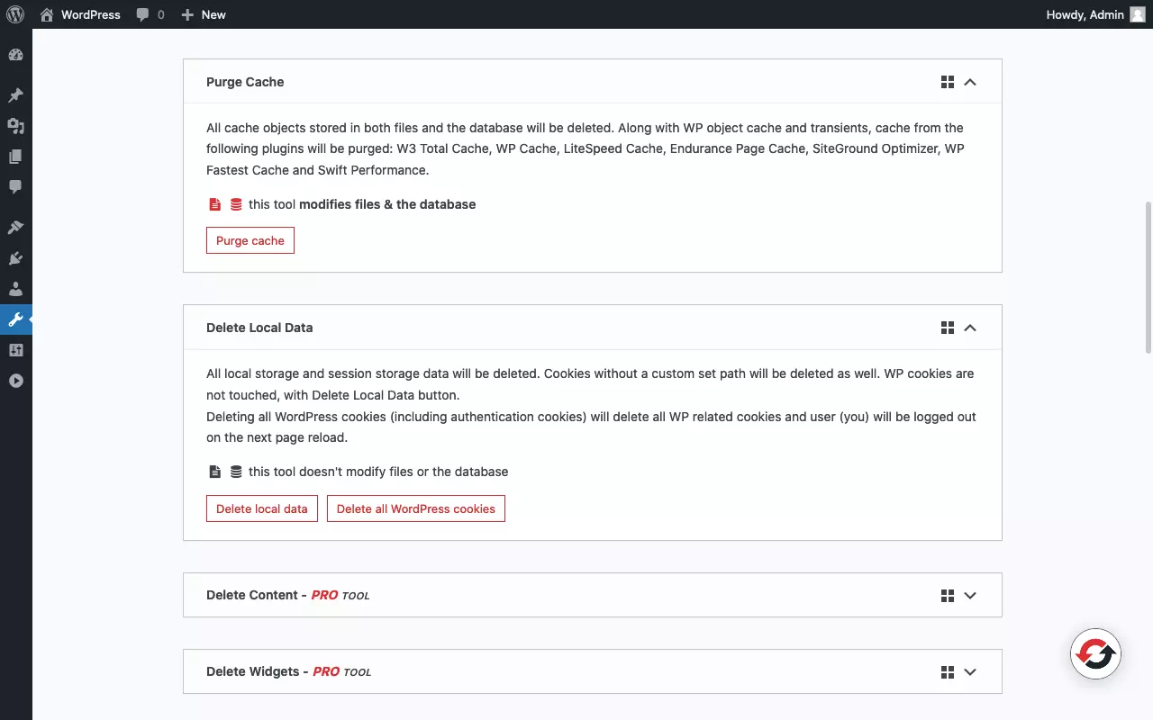 Screenshot of the tools page of the “WP Reset” plugin (1/3)