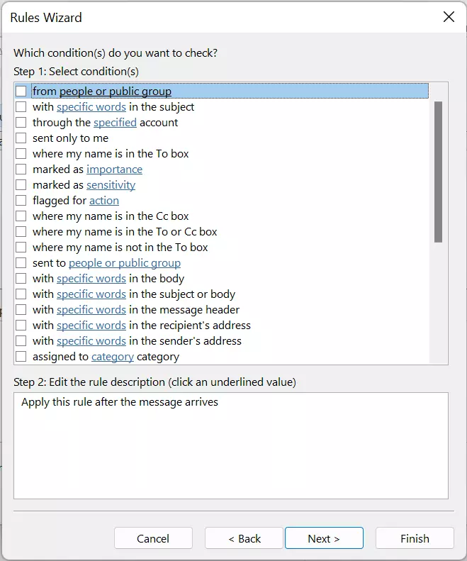Outlook 365: Rules Wizard – Conditions for inbox rules