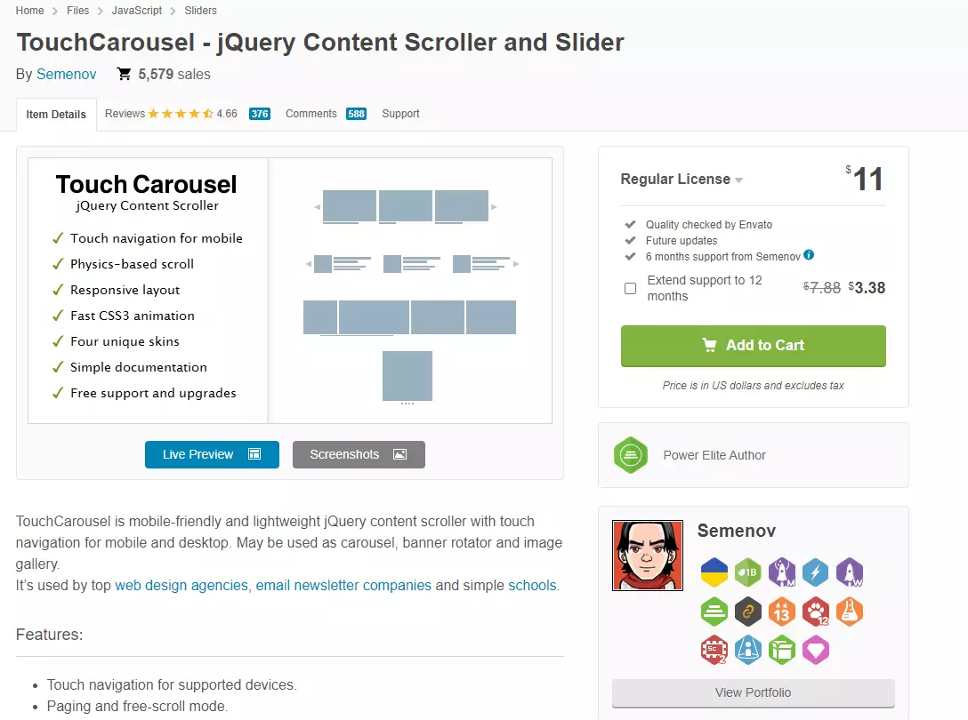 Screenshot of the TouchCarousel plugin on codecanyon.net