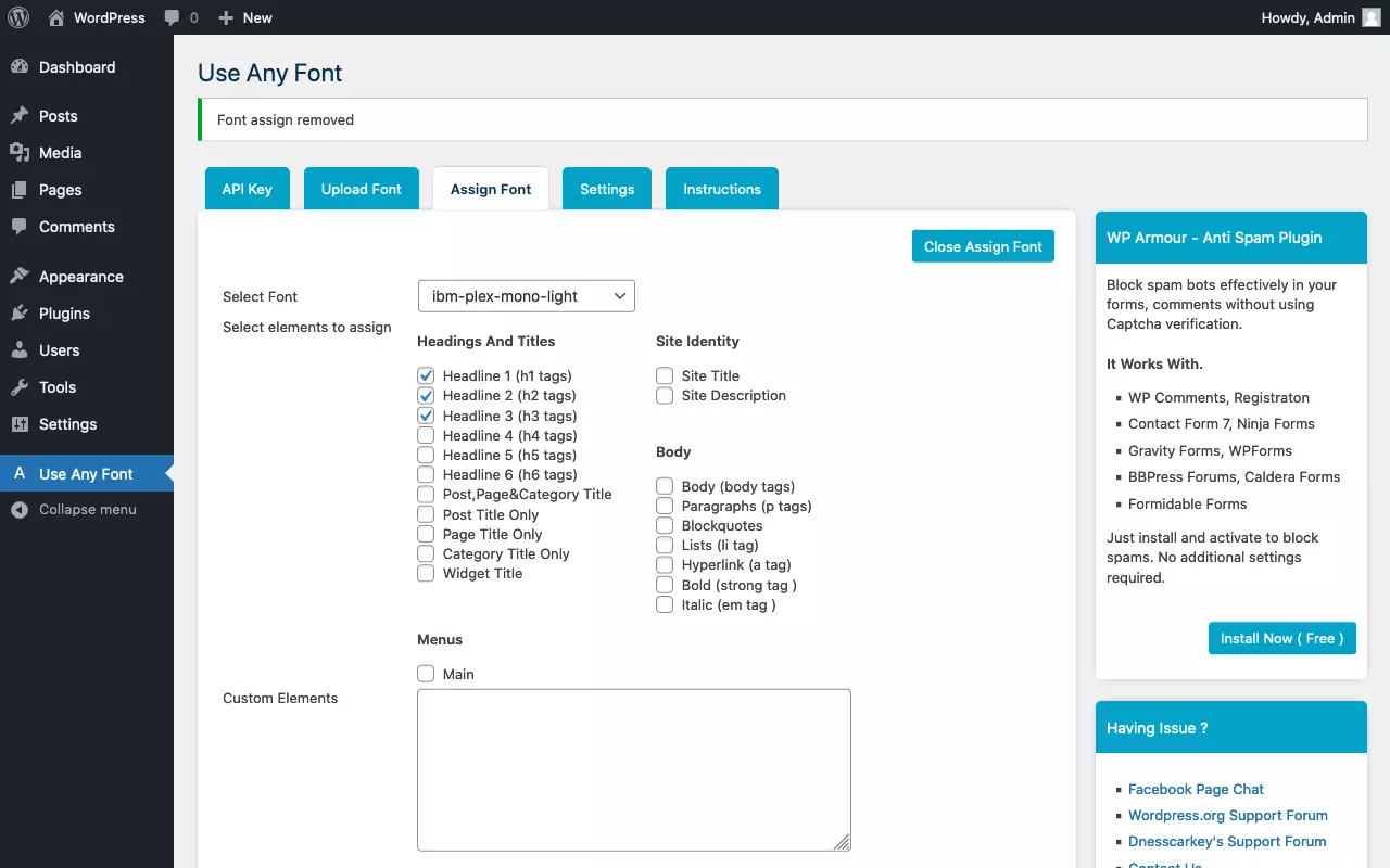 Assigning a font to HTML elements with “Use Any Font” plugin