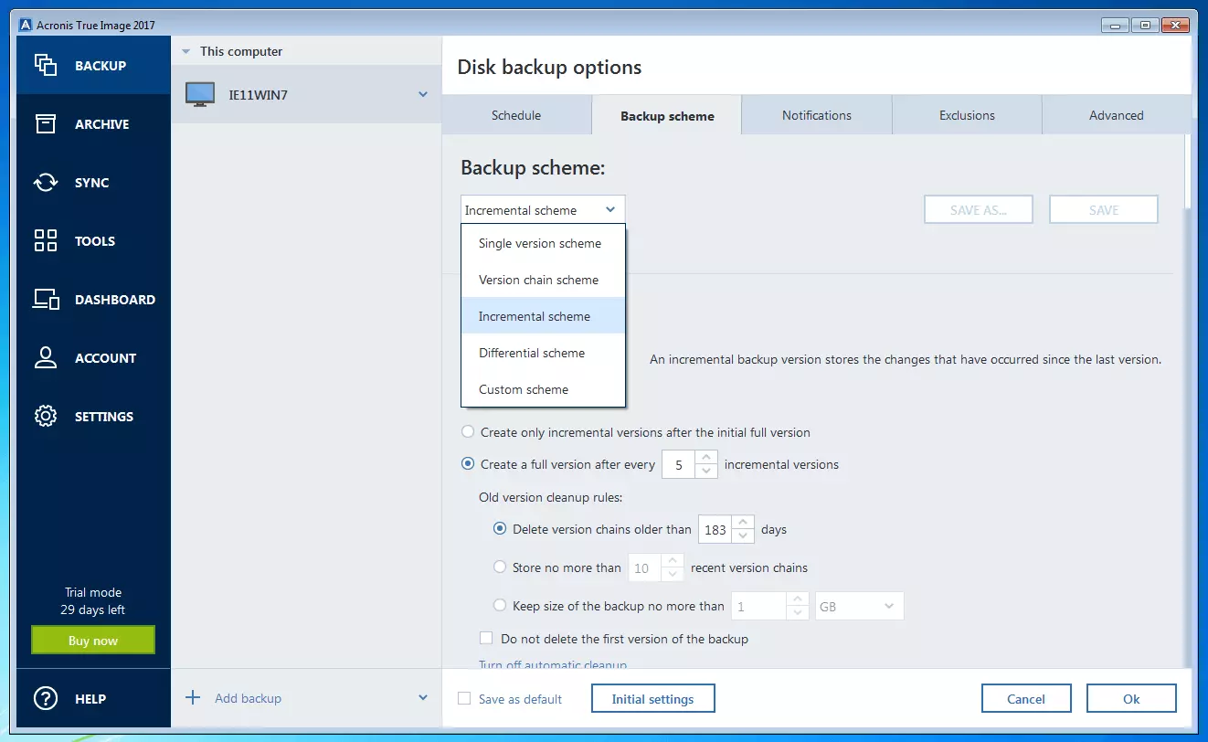 Acronis True Image 2017: Backup scheme selection menu