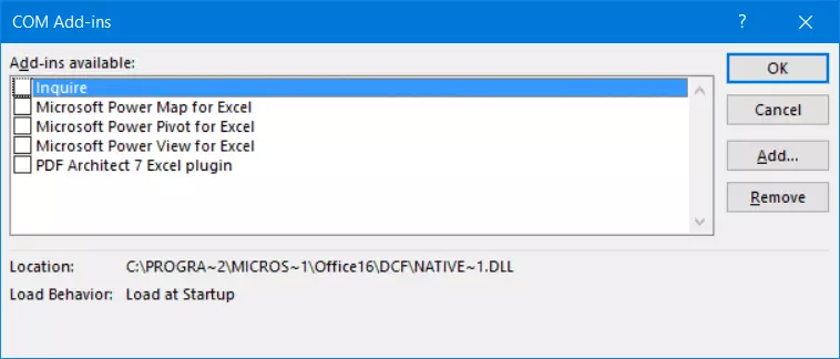 Dialog box for disabling COM add-ins in Excel