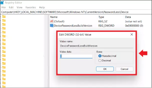 The menu window in the Registry Editor to disable the password prompt in Windows 11