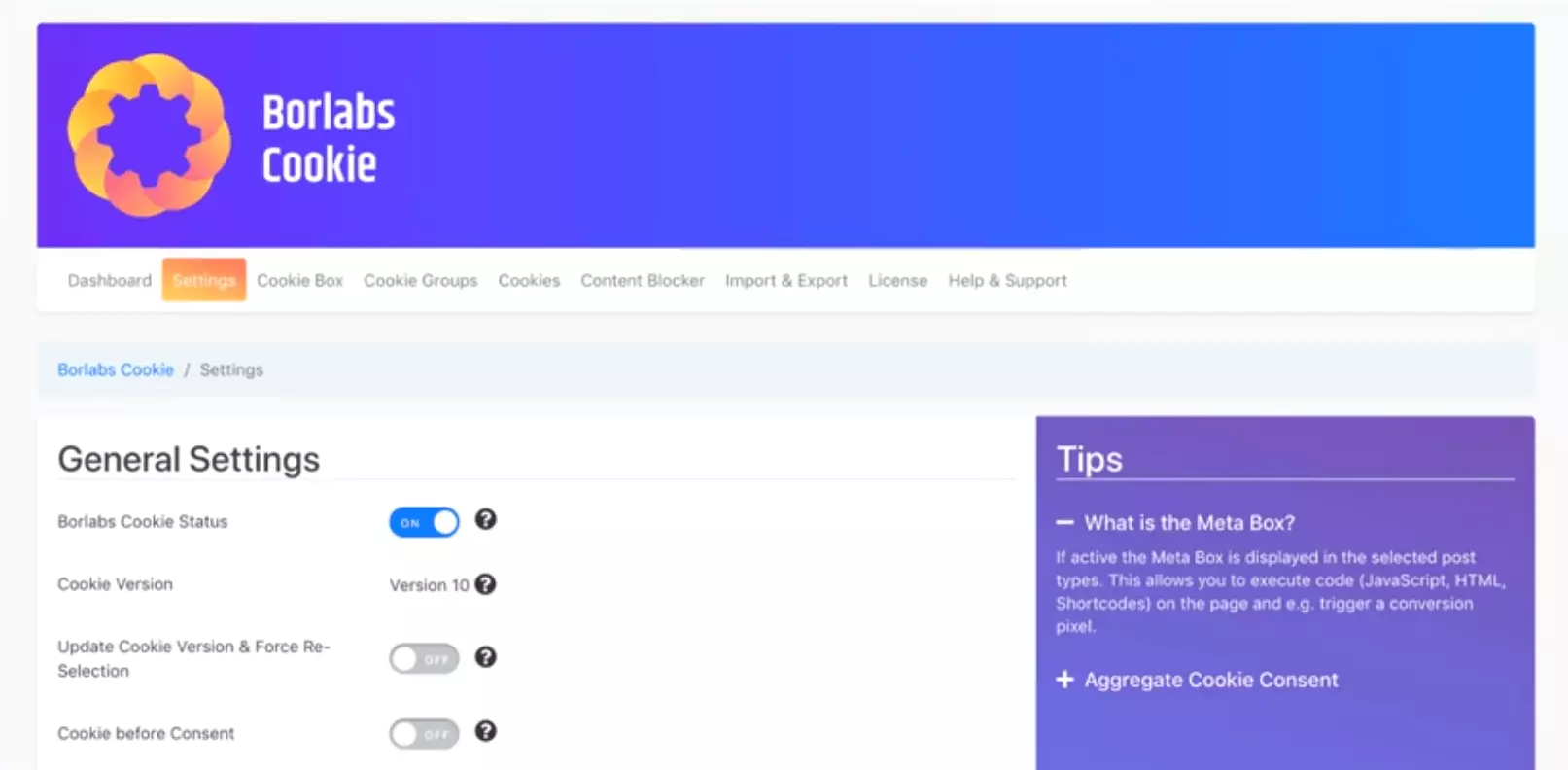 Borlabs cookie box – general settings