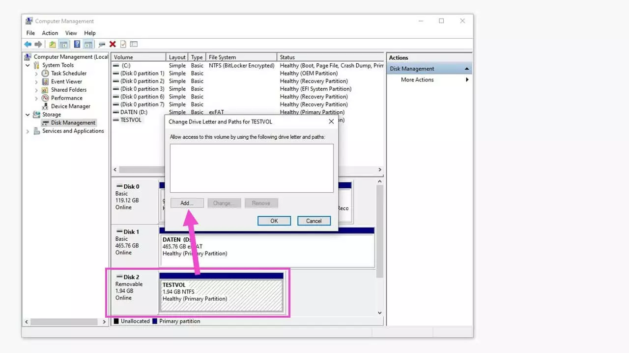 Assigning a drive letter in Windows Disk Management 