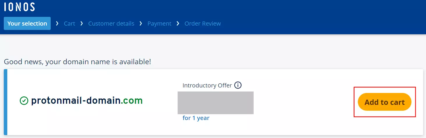 “Your domain name is available” notification in the IONOS shop