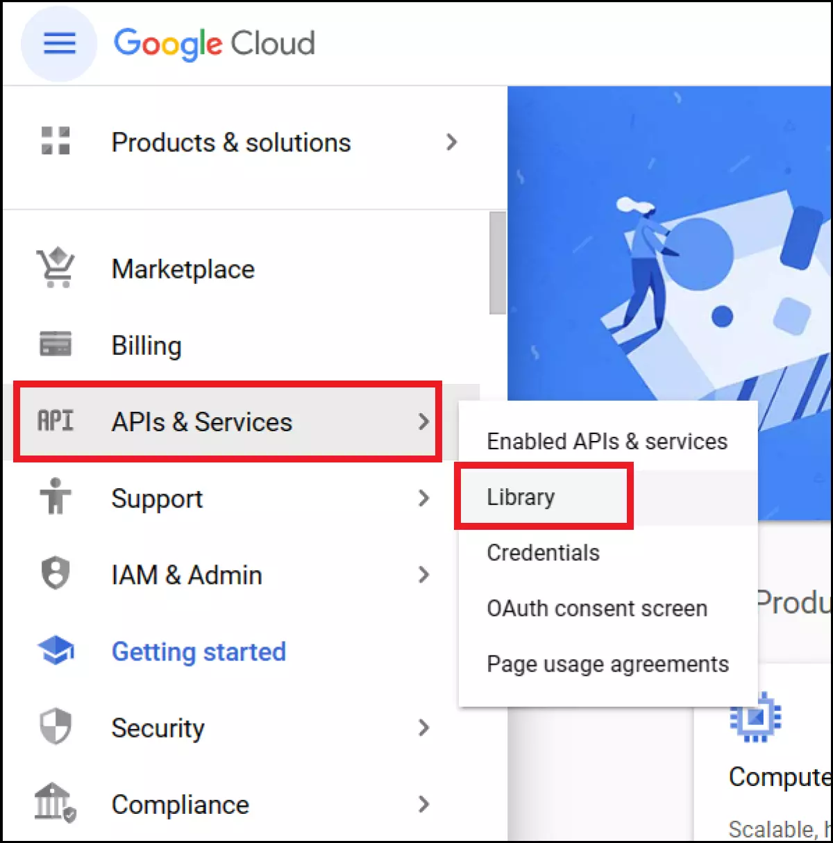 Google Cloud menu with “APIs & Services” and “Library”