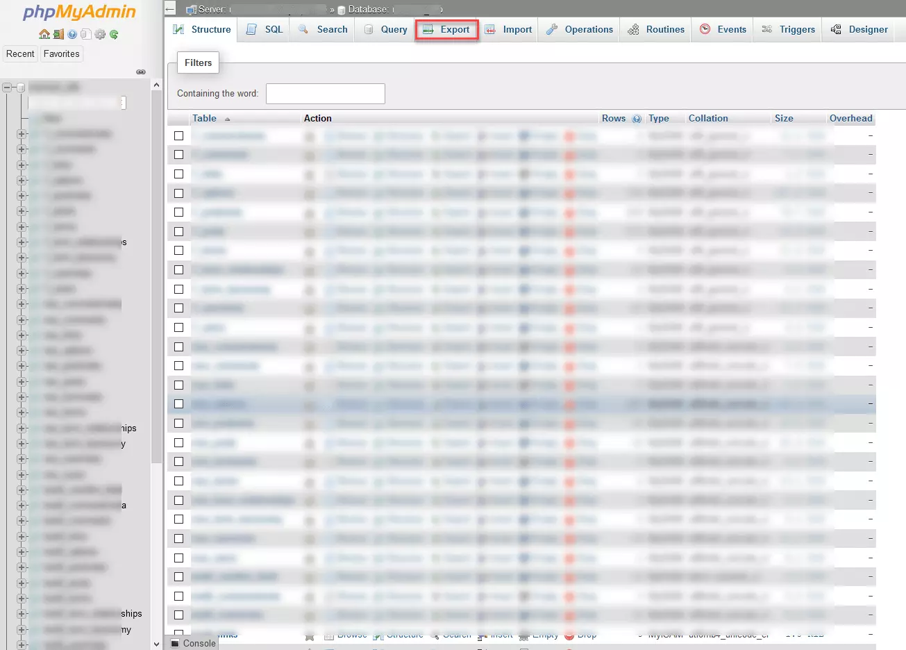 phpMyAdmin – selected database shown in a detailed table