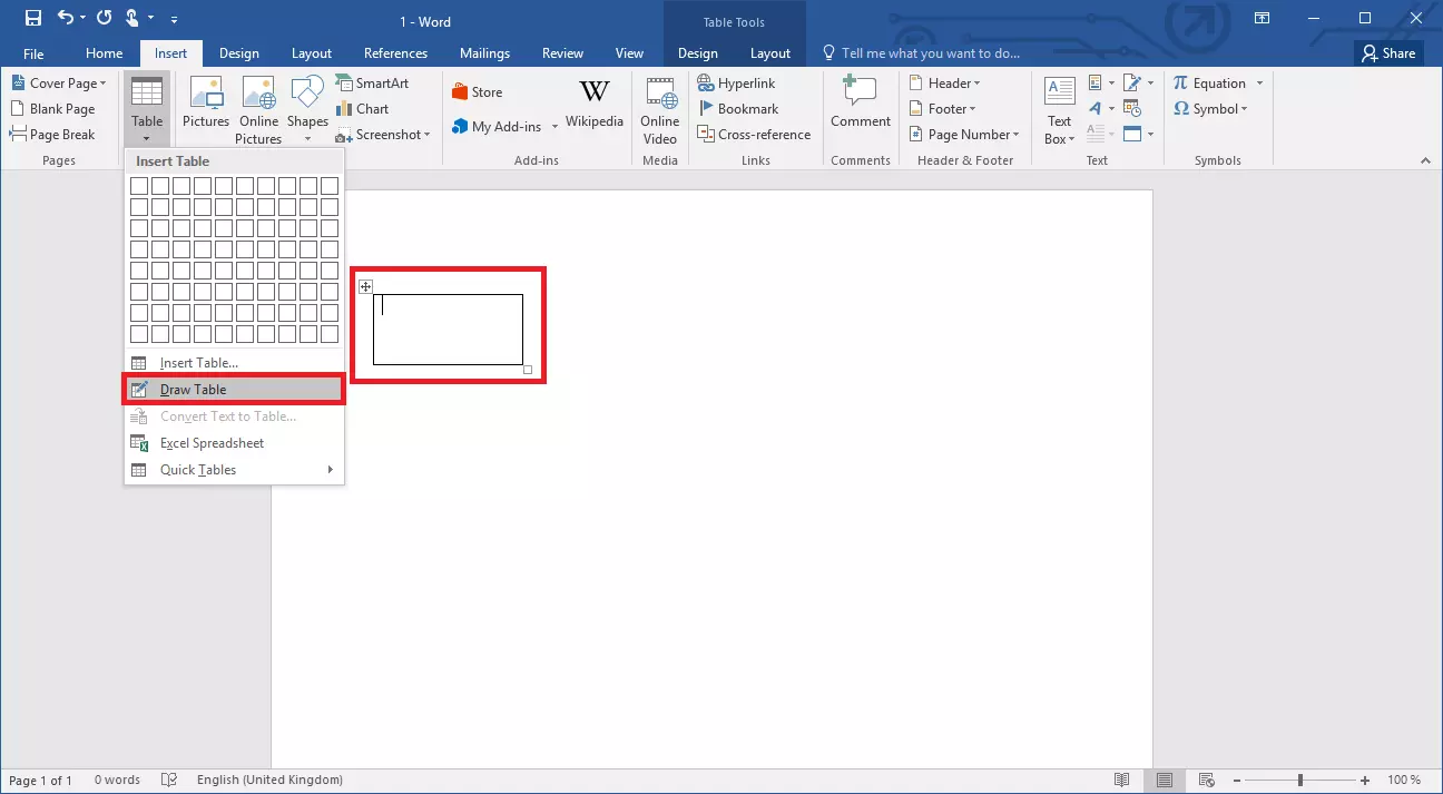 The option for drawing a table in Word