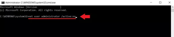 Enter the command “net user administrator /active:no” to disable the administrator.