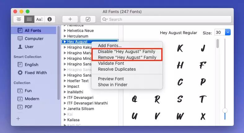 Add Mac fonts: Deactivate or remove font