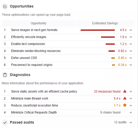 Google Lighthouse diagnostic and optimization potential