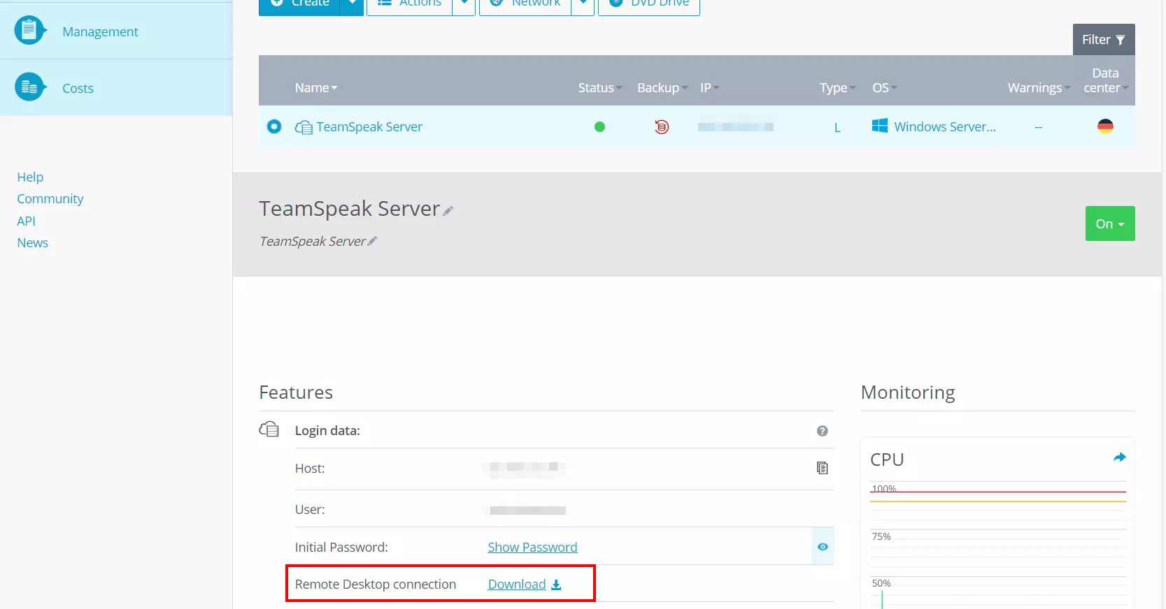 Login data in the IONOS Cloud Panel