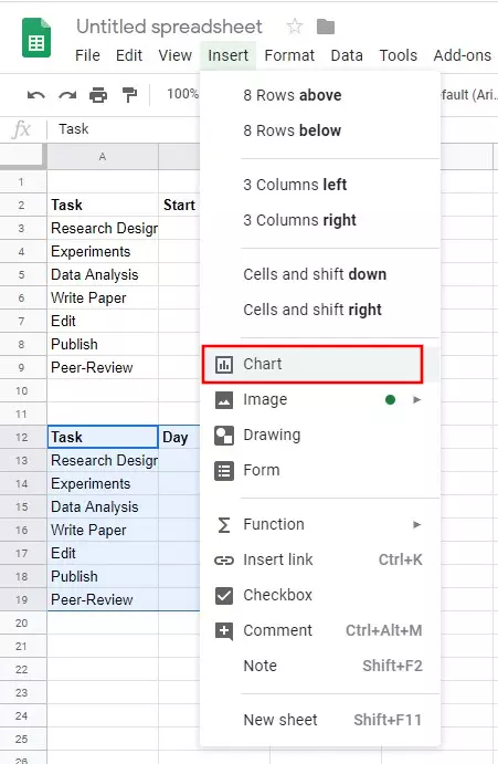 Google Sheets menu “Insert”