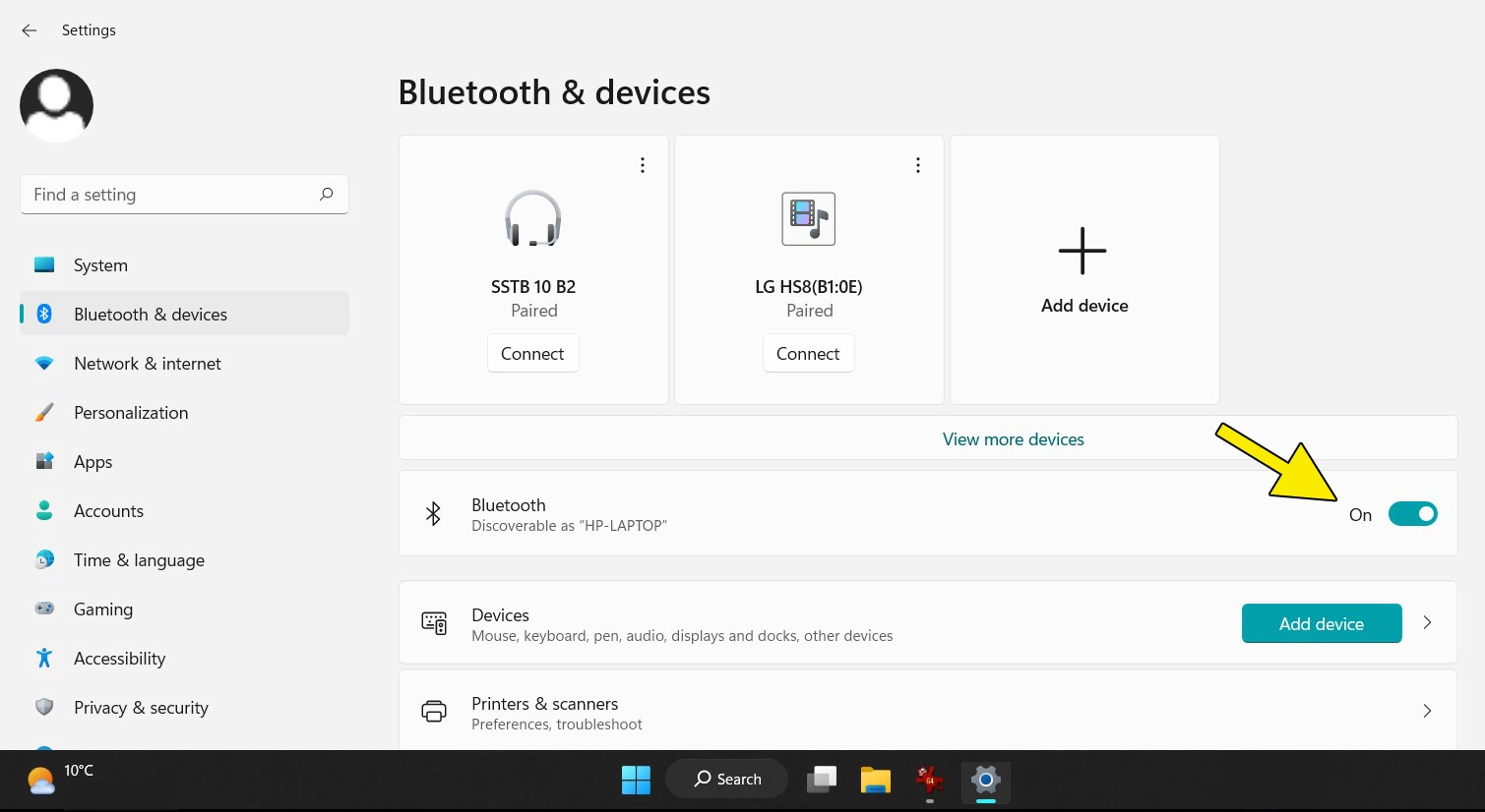 Windows 11 system settings for Bluetooth devices: Bluetooth switch to “On”