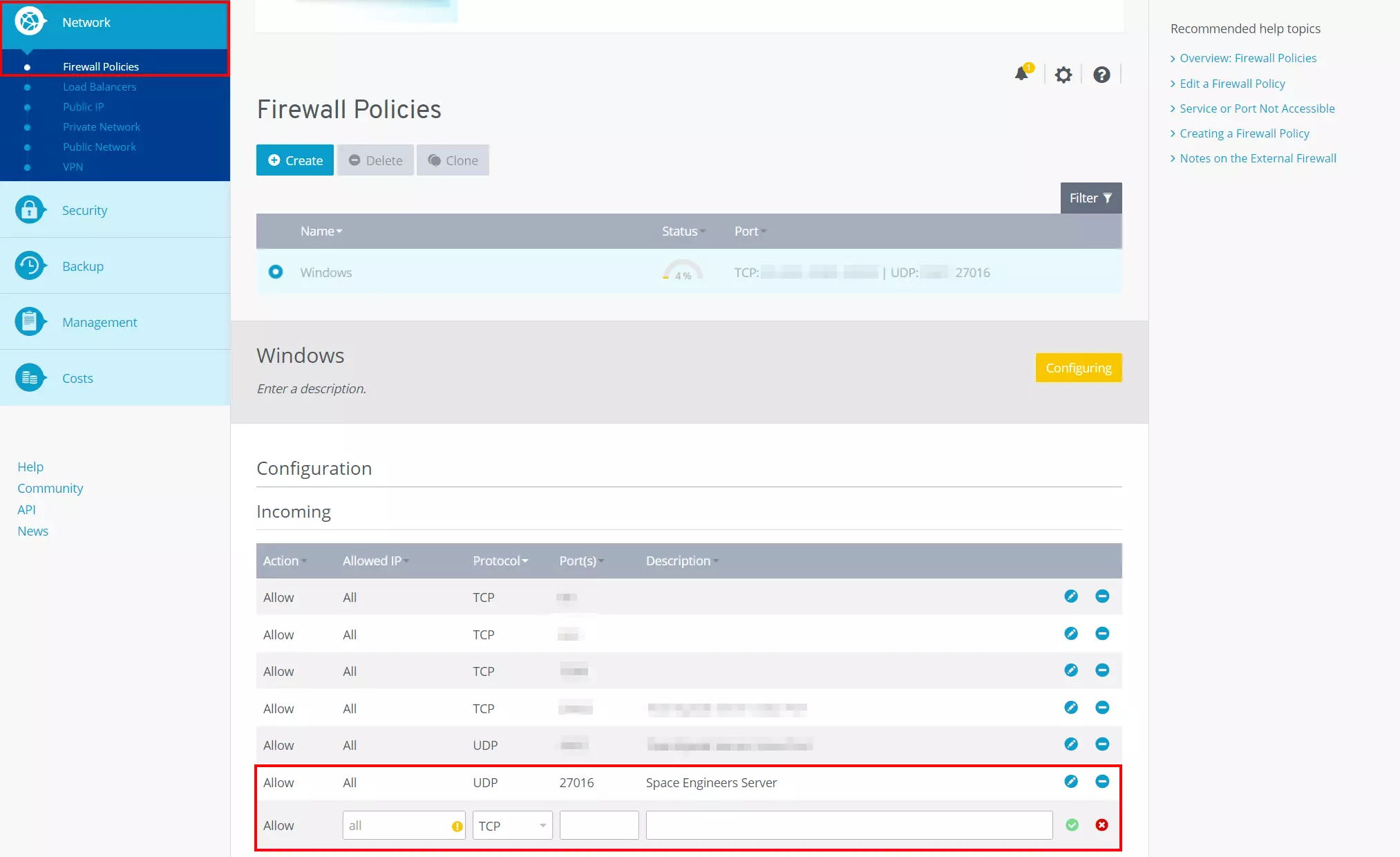 Firewall policy definition in IONOS Cloud Panel