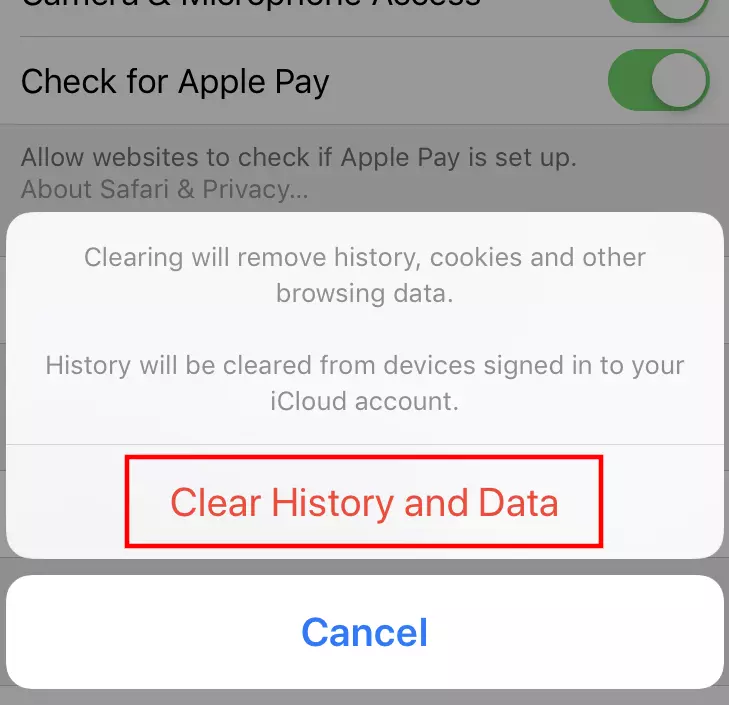 Safari (iOS): “Clear History and Website Data” dialog