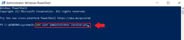 In PowerShell’s command line interpreter, enter the command “net user administrator /active:yes”