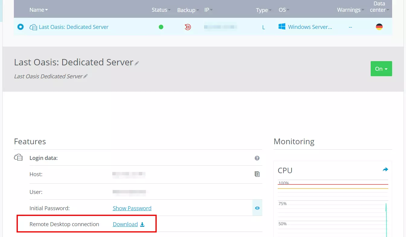 IONOS Cloud Panel: Download button “Remote Desktop connection”