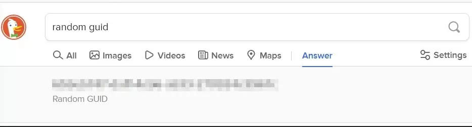 Screenshot of DuckDuckGo-with search query “random guid”