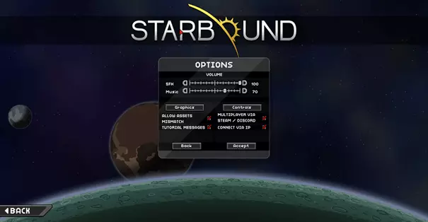 The options menu of Starbound