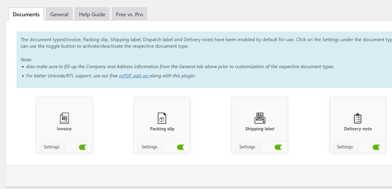 Screenshot of WebToffee WooCommerce PDF Invoices, Packing Slips, Delivery Notes and Shipping Labels in WordPress backend