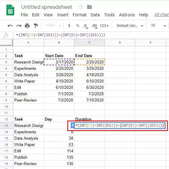 Google Sheets: formula for task duration