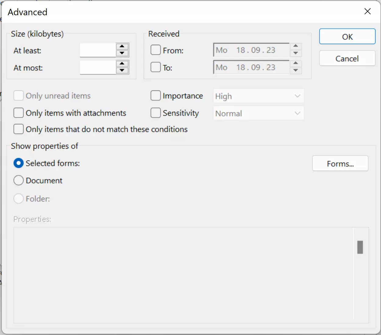 Menu for setting up advanced rules for out of office replies in Outlook