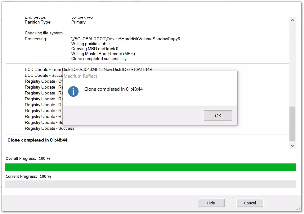 Macrium Reflect: End of the copying process