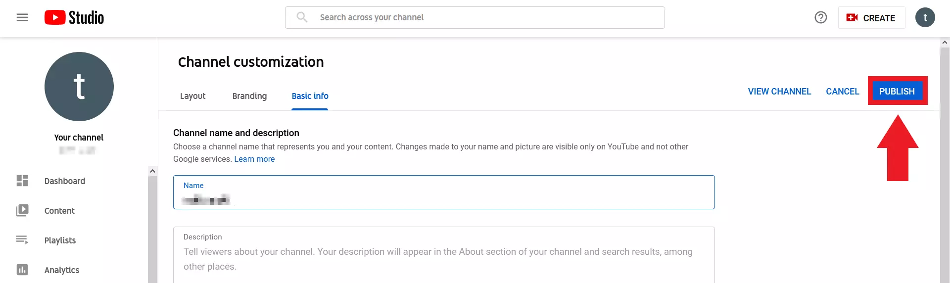 “Publish” button in YouTube channel customization