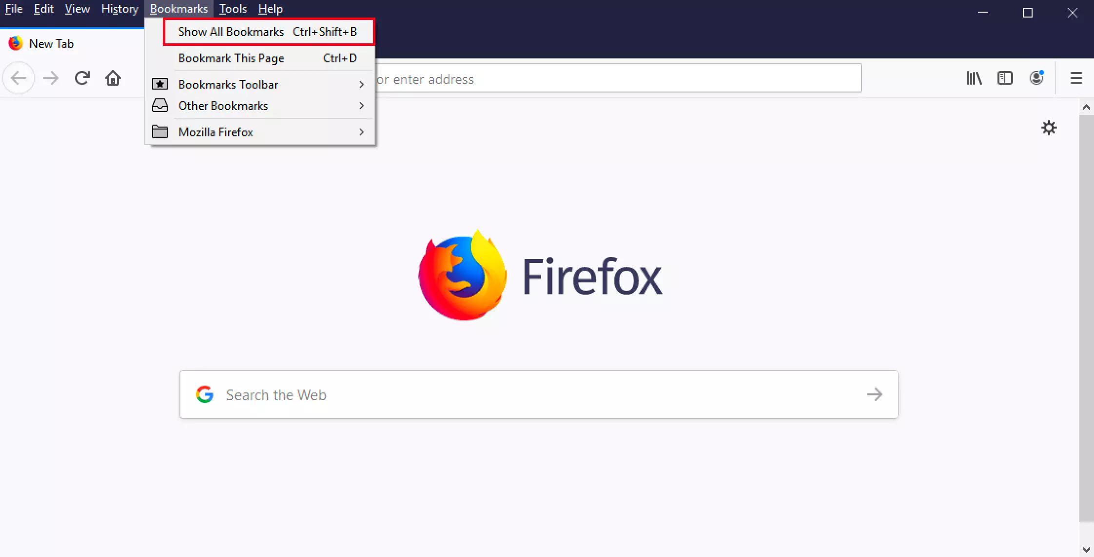 “Show All Bookmarks” menu option in Firefox