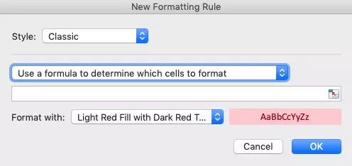 Excel dialog “New Formatting Rule”