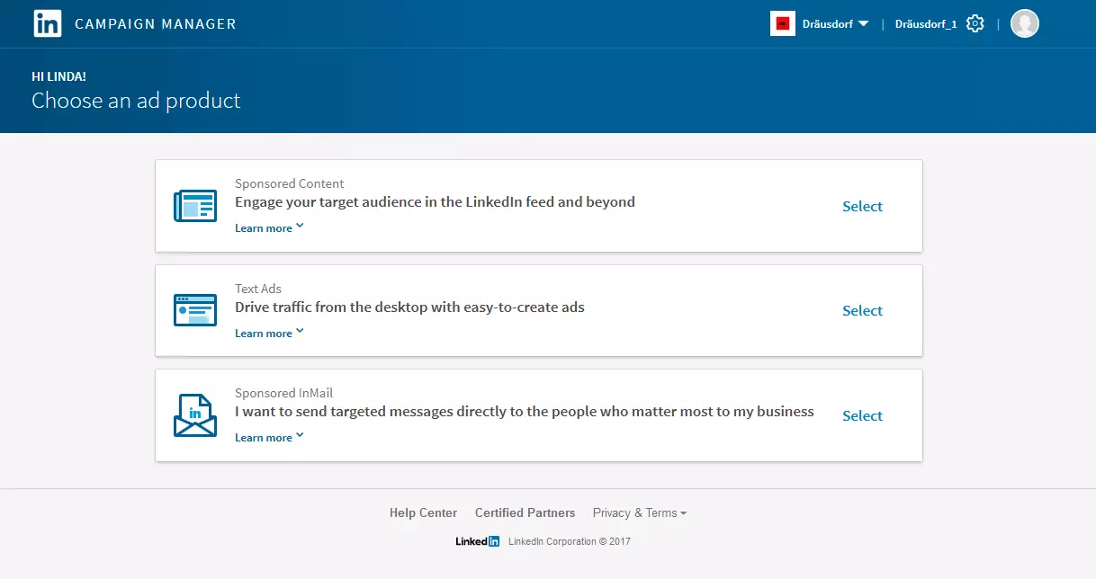 LinkedIn campaign manager welcome page