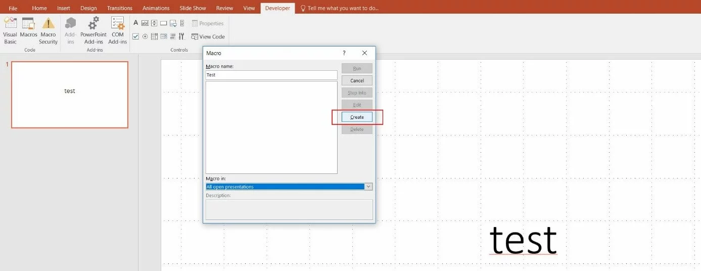 Creating a macro in PowerPoint 2016