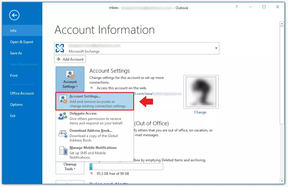 Outlook desktop app: Account information in the File tab