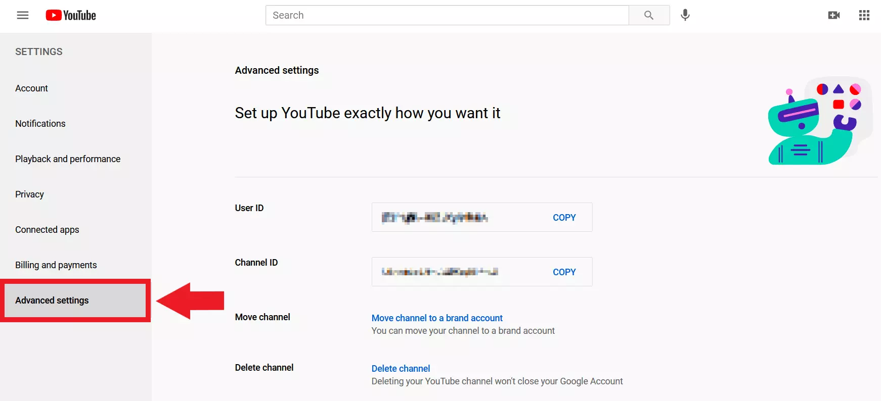 “Advanced Settings” in YouTube menu