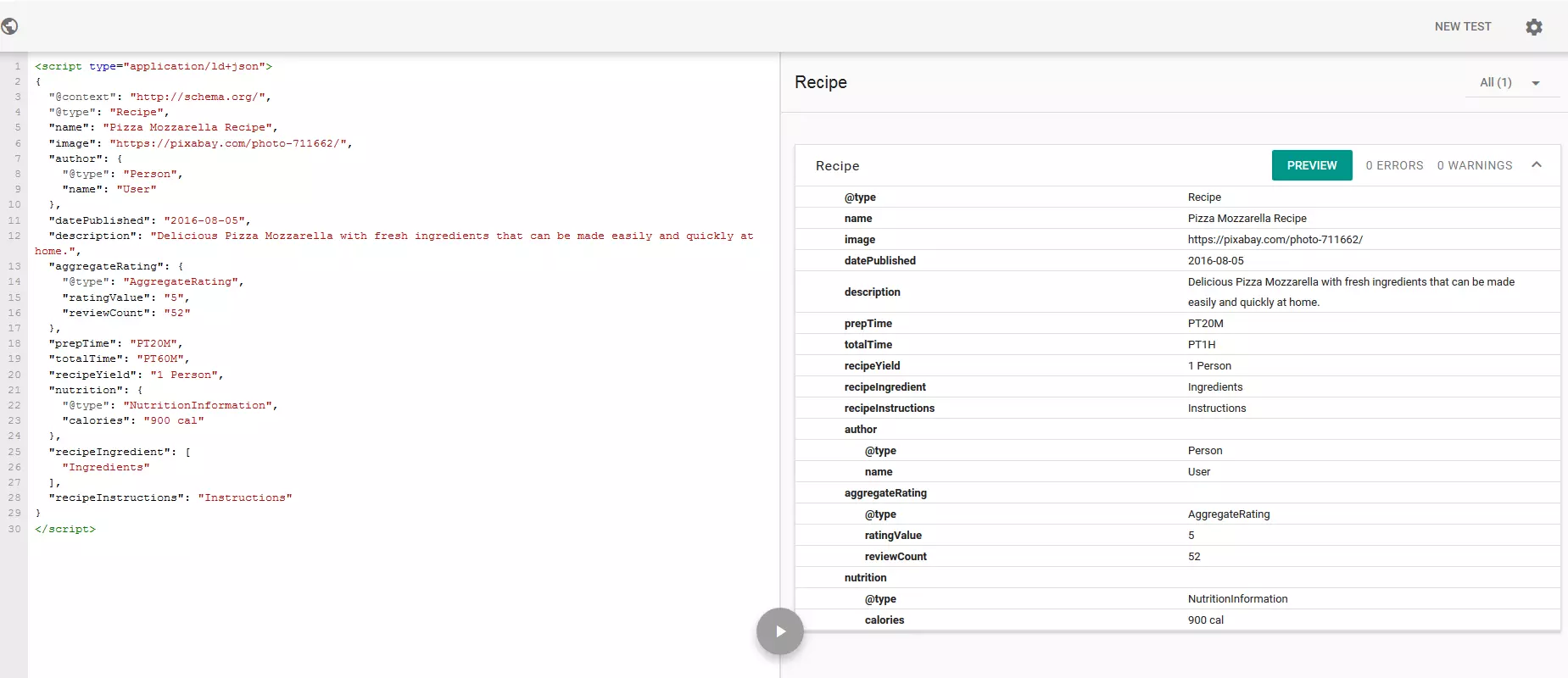 Google Structured Data Testing Tool results for a mozarella pizza recipe